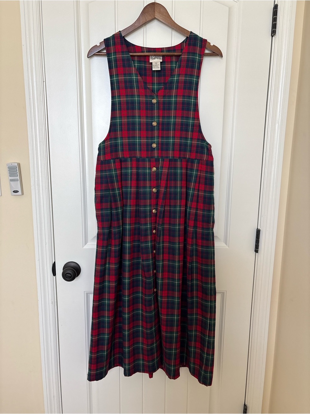 Button-Front Plaid Maxi Dress in Red and Green